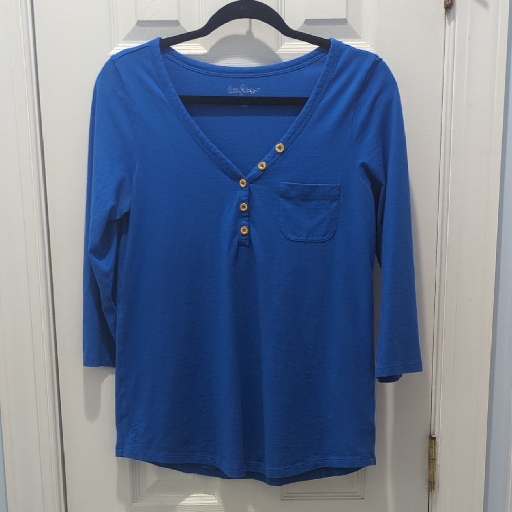 💙 Lilly Pulitzer 💙 Blue 3/4 Sleeve Buttoned Blouse Medium, GUC